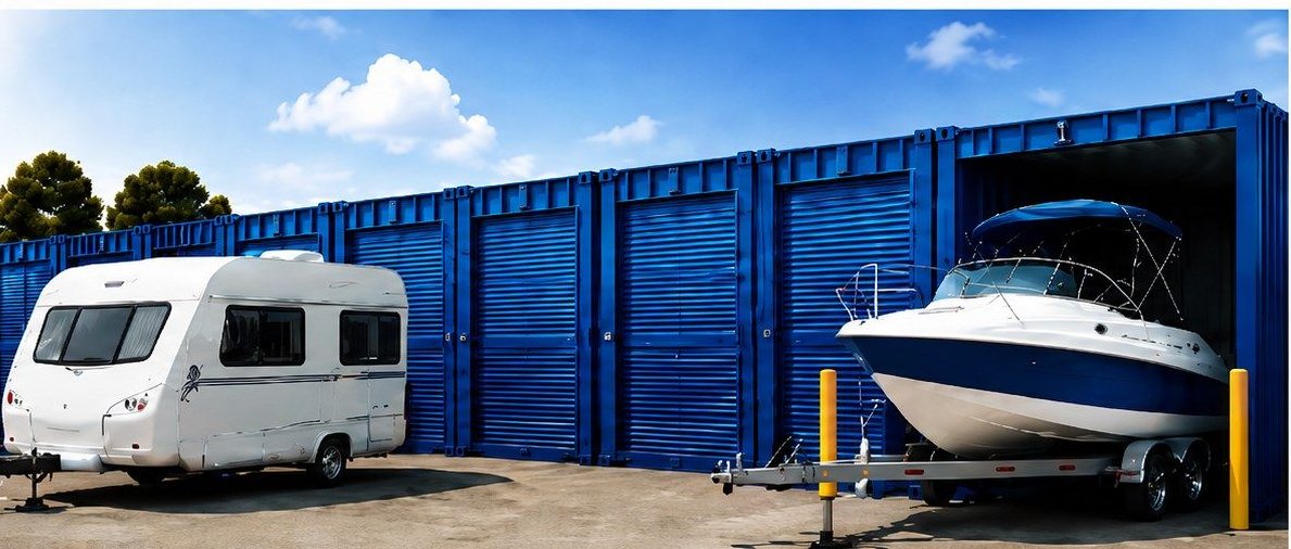 Quantum Logistics storage yard in Townsville: caravan and trailered boat parked in front of blue storage bays